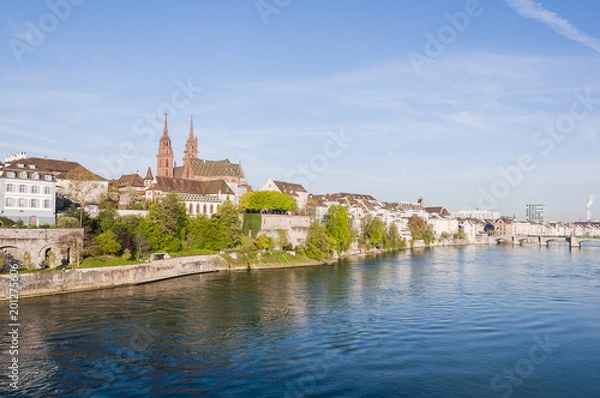 Fototapeta Basel, Stadt, Rhein, Rheinufer, Altstadt, Münster, Kirche, Pfalz, Altstadthäuser, Grossbasel, Martinskirche, Rheinsprung, Rheinbrücke, Frühling, Schweiz