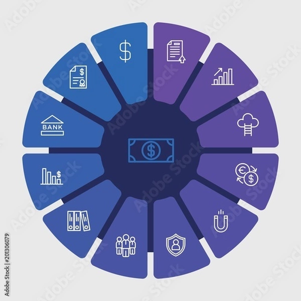 Fototapeta business, money, education Infographic Circle outline Icons Set. Contains such Icons as security,  people,  team,  graph, climb,  illustration,  business and more. Fully Editable. Pixel Perfect..