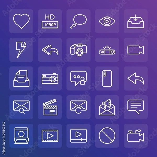Fototapeta Modern Simple Set of chat and messenger, video, photos, email Vector outline Icons. ..Contains such Icons as  lightning,  button, movie and more on gradient background. Fully Editable. Pixel Perfect.