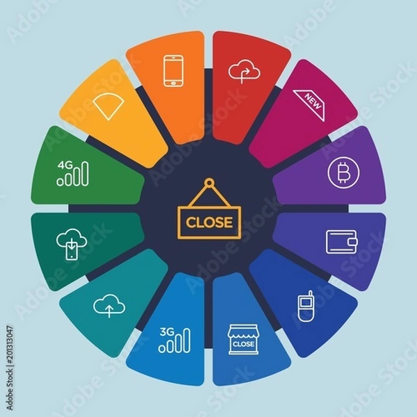 Fototapeta cloud and networking, chat and messenger, mobile, shopping Infographic Circle outline Icons Set. Contains such Icons as  wireless,  transfer,  upload,  mobile and more. Fully Editable. Pixel Perfect