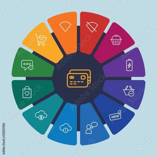 Fototapeta cloud and networking, chat and messenger, mobile, shopping Infographic Circle outline Icons Set. Contains such Icons as  problem,  gift, internet,  vector,  no and more. Fully Editable. Pixel Perfect