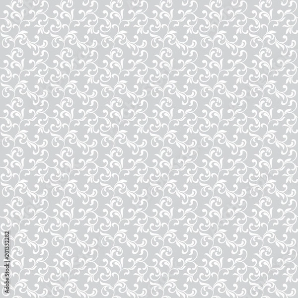 Fototapeta Light seamless pattern. White swirls  with foliage isolated on a gray background. Ideal for textile print and wallpapers. Vintage style.