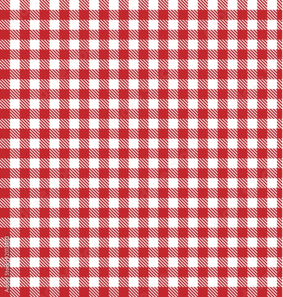 Fototapeta Picnic tablecloth. Picnic blanket. Red gingham fabric. Checkered red white vector. Gingham print pattern. Gingham table cloth for picnic. Plaid texture red white. Dresses shirts bedding blankets cloth