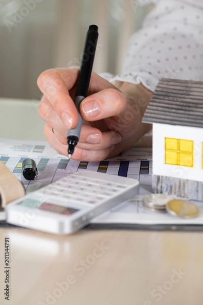 Fototapeta Young woman makes some calculations. Small paper house, coins, car in the background.