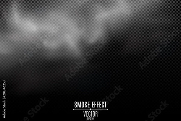 Fototapeta Thick smoke on a transparent dark background. Light mist. Smoke from the fire. Thick cloud. Steam on top. Smoke effect for your design. Vector illustration