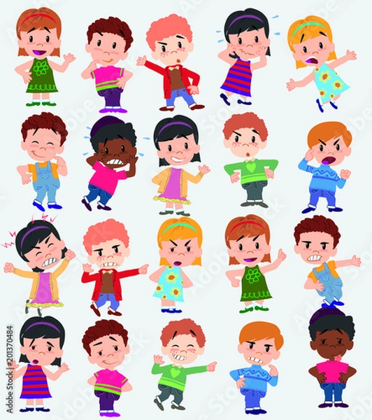 Fototapeta Cartoon character boys and girls. Set with different postures, attitudes and poses, doing different activities. Vector illustrations.