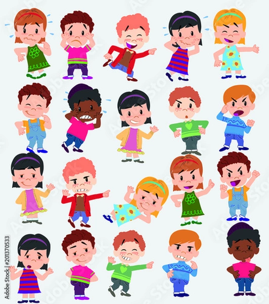 Fototapeta Cartoon character boys and girls. Set with different postures, attitudes and poses, doing different activities. Vector illustrations.