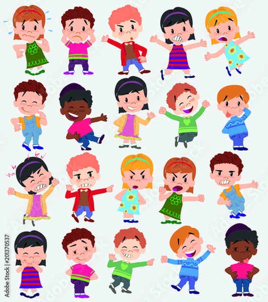 Fototapeta Cartoon character boys and girls. Set with different postures, attitudes and poses, doing different activities. Vector illustrations.