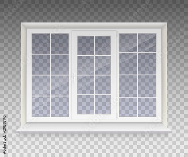 Fototapeta Closed window with transparent glass in a white frame. Isolated on a transparent background. Vector