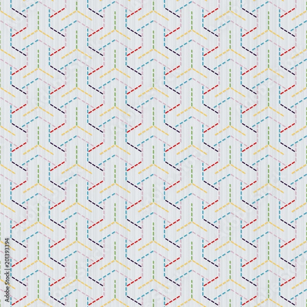 Fototapeta Colorful japanese quilling. Bishamon-Kikko Sashiko motif. Seamless pattern. Abstract backdrop. Geometric background. Needlework texture. Pattern fills. For decoration or printing on fabric.