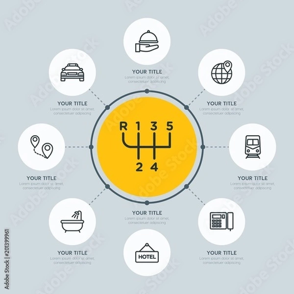 Obraz Circle network chart transports, hotel, location infographic template with 8 options for presentations, advertising, annual reports.