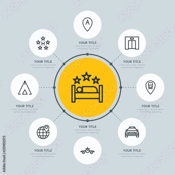 Fototapeta Circle network chart transports, hotel, location infographic template with 8 options for presentations, advertising, annual reports.