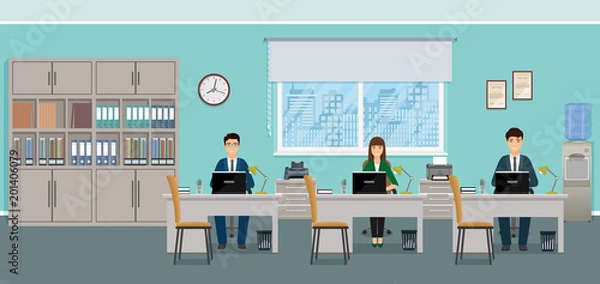 Fototapeta Three business people sitting on working places in office. Working situation with male and female staff.