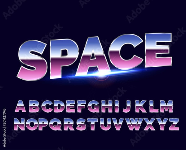 Fototapeta Shiny Chrome alphabet retro font. Sci-fi 80s future style.