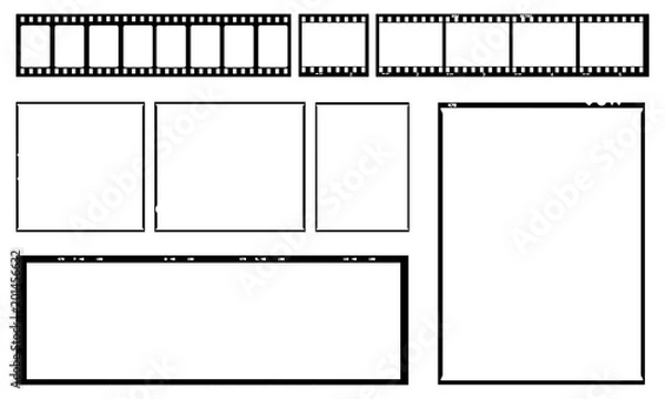Fototapeta Film template with frames, empty developed black and white type 135, 120, 9x12, cinema, etc. in negative and positive.