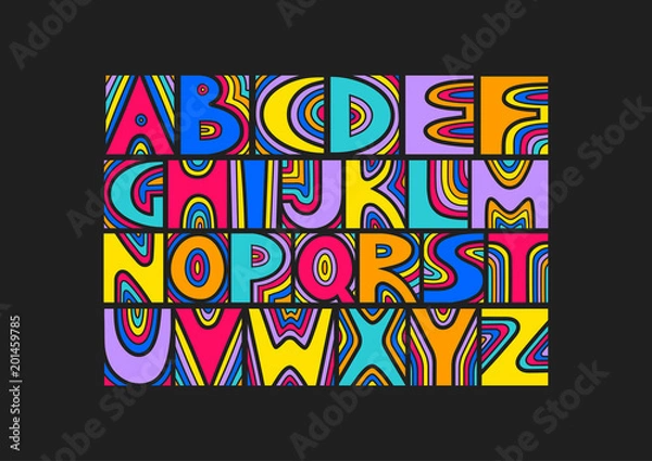 Fototapeta Vector handwritten uppercase artistic colorful alphabet. For design of music posters, festivals, placards, CD covers.