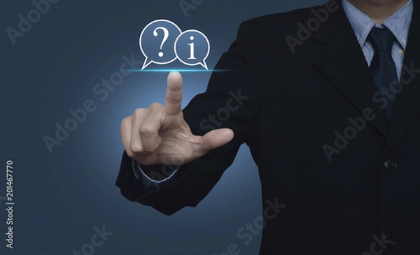 Fototapeta Businessman pressing question mark and information chat icon over gradient light blue background, Customer support concept