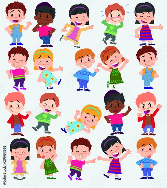 Fototapeta Cartoon character boys and girls. Set with different postures, attitudes and poses, always in positive attitude, doing different activities. Vector illustrations.
