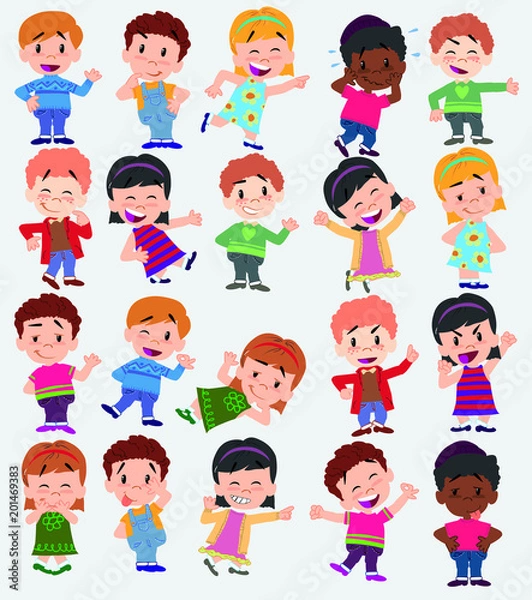 Fototapeta Cartoon character boys and girls. Set with different postures, attitudes and poses, always in positive attitude, doing different activities. Vector illustrations.