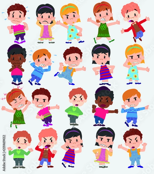 Fototapeta Cartoon character boys and girls. Set with different postures, attitudes and poses, always in negative attitude, doing different activities. Vector illustrations.