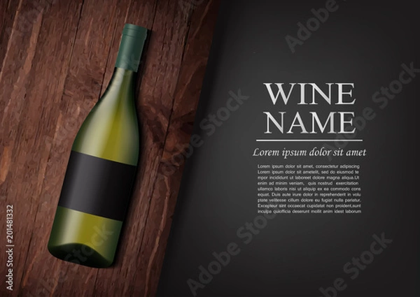 Fototapeta Advertising banner.A realistic bottle of white wine with black label in photorealistic style on wooden dark board,black background like chalk board,text.Wine presentation brochure.Vector illustration