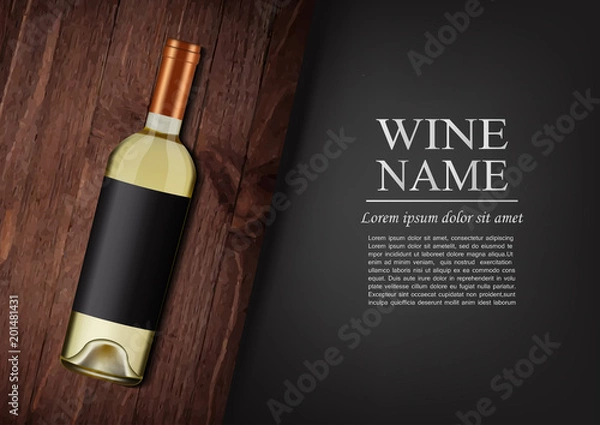 Fototapeta Advertising banner.A realistic bottle of white wine with black label in photorealistic style on wooden dark board,black background like chalk board,text.Wine presentation brochure.Vector illustration