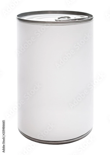 Fototapeta New tin can with white label. Isolated on white background.