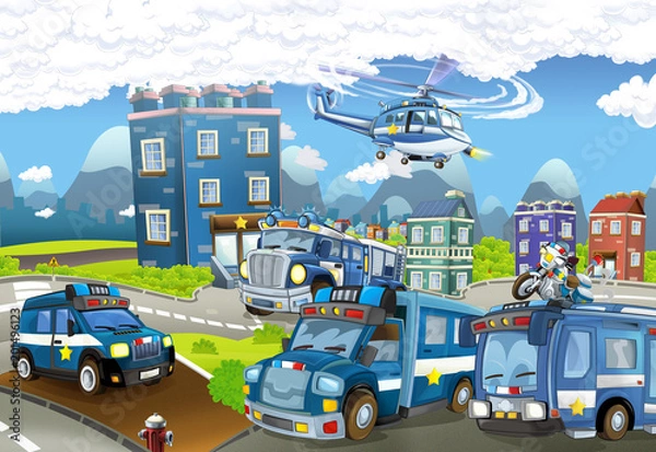 Fototapeta Cartoon stage with different machines for police duty - colorful and cheerful scene - illustration for children