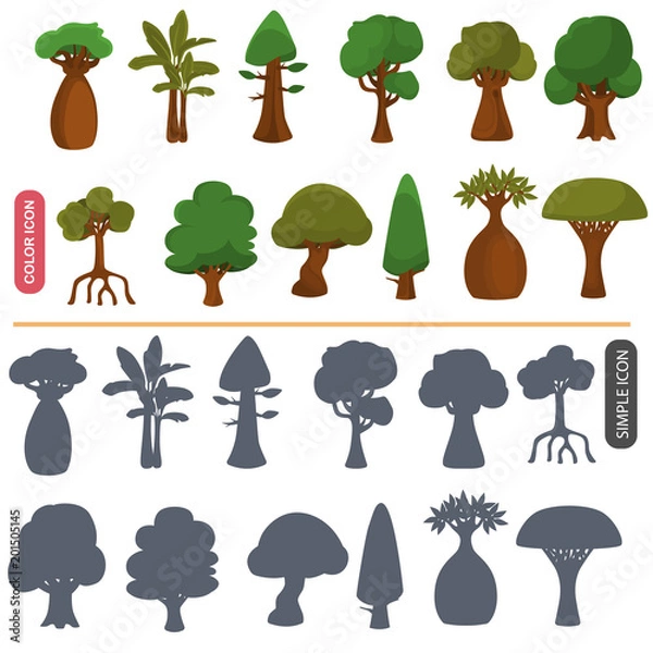 Fototapeta Trees of the world color flat and simple icons set