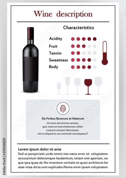 Fototapeta Vector illustration.Brochure,form describing the characteristics of red wine.Feed temperature,brief description,history of origin, tableware glass for serving,taste criteria.Tannins,acidity,fortress.