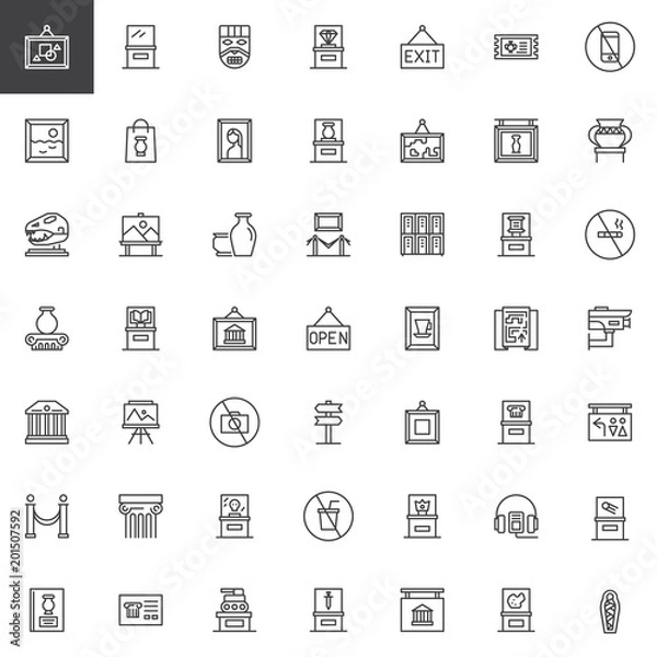 Fototapeta Museum outline icons set. linear style symbols collection, line signs pack. vector graphics. Set includes icons as Photo, Mask, Diamond, Painting, Vase, Dinosaur, Art, Picture Glass showcase canvas