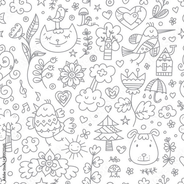 Fototapeta Seamless pattern with cute cartoon cats, dogs and birds on white  background. Flowers and plants of  spring time. Vector contour doodle style image. 