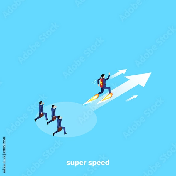 Fototapeta a man in a business suit with a battery on his back running along the arrow forward to success, an isometric image