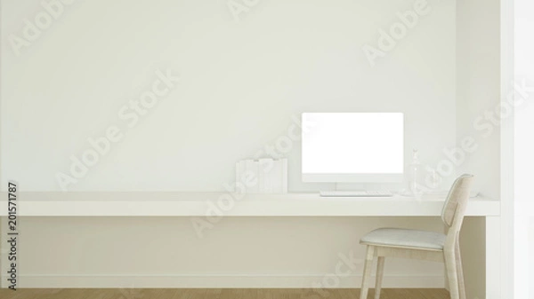 Fototapeta Workplace and empty space in condominium or small office - Study room white tone artwork for apartment or home office - 3D Rendering