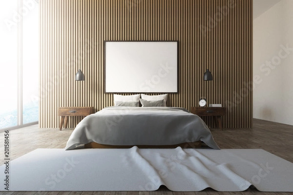 Fototapeta Wooden wall loft bedroom interior, poster