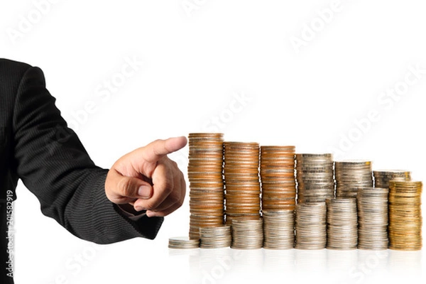 Obraz hand pointing coins stack isolated
