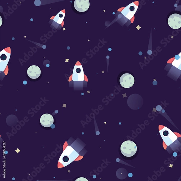 Fototapeta Pattern space rocket flying in cosmos space on background planets, meteorites and stars. Space ship in dark night cosmos seamless pattern.