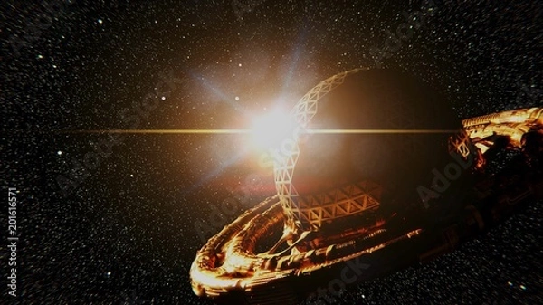 Obraz UFO, alien spaceship in outer space, extraterrestrial flying saucer in front of the stars (3d science fiction illustration)