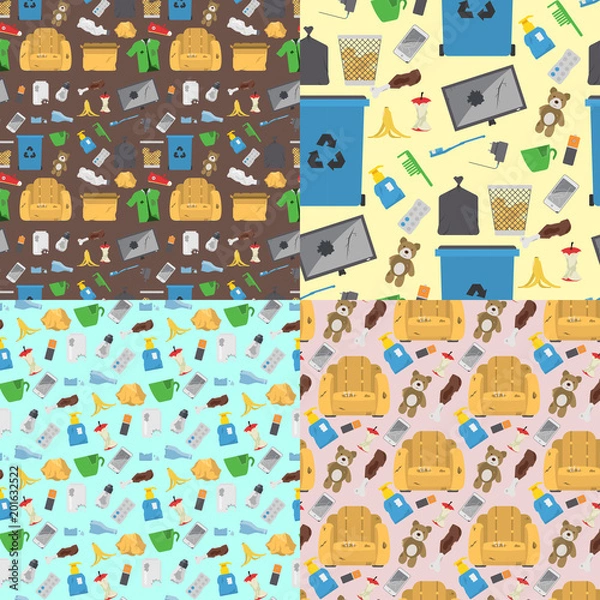 Fototapeta Recycling garbage vector trash bags tires management ecology industry garbage utilize concept waste sorting seamless pattern background illustration.