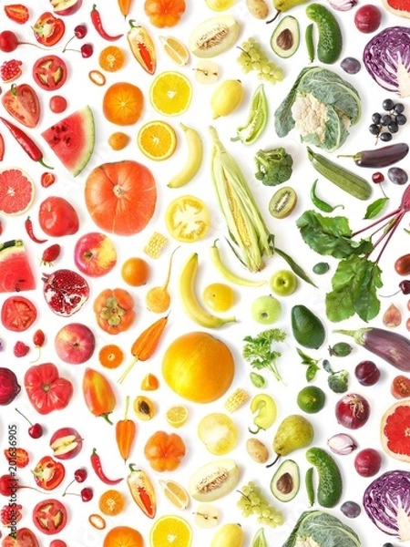 Obraz  pattern of various fresh vegetables and fruits isolated on white background, top view, flat lay. Composition of food, concept of healthy eating. Food texture.