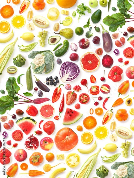 Obraz  pattern of various fresh vegetables and fruits isolated on white background, top view, flat lay. Composition of food, concept of healthy eating. Food texture.