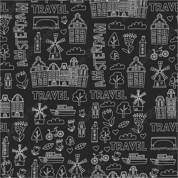 Fototapeta Vector pattern with Amsterdam city House, architecture, mill, tulip. Holland doodle icon