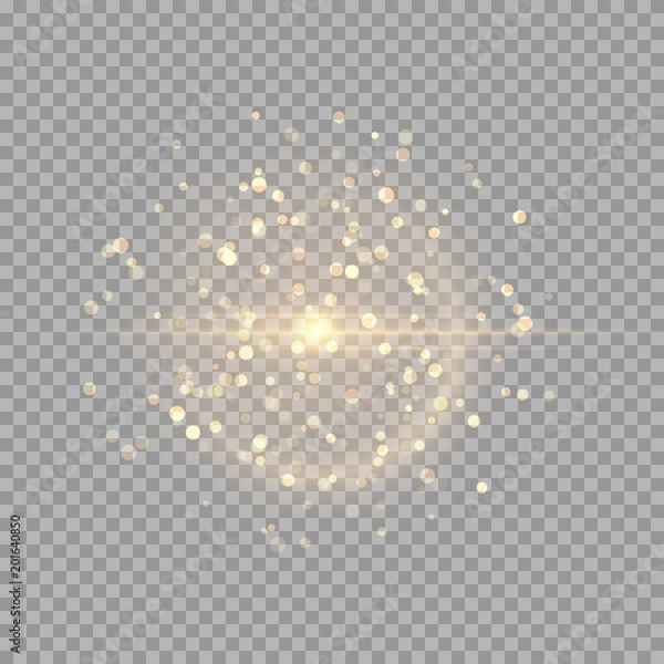 Fototapeta Jasny błysk ze złotymi iskrami na przezroczystym tle. Ilustracja wektorowa z kolorowym efektem świetlnym