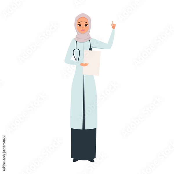 Fototapeta Cartoon Arab medical woman character with documents. Vector Smiling doctor in hijab with her hand up as a sign of attention. Young Arabic nurse wearing the uniform with phonendoscope