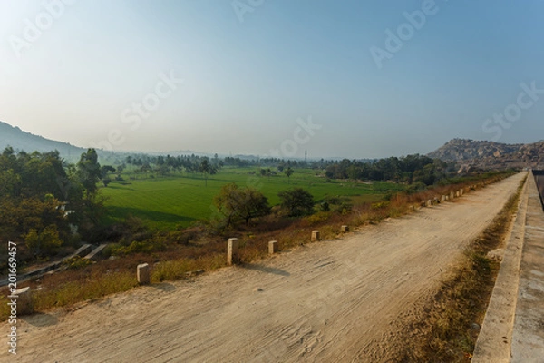 Obraz On a high hill lies a country road through bright fields of ripening rice. In the fields grow palm trees. In the distance, the mountains can be seen in the light haze of the early morning. 