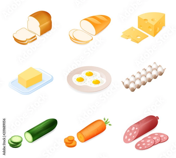 Obraz Flat isometric illustration of different food ingredient set. The bread, cheese, butter, sausage, cucumber, carrot, eggs. The meals cooking vector elements isolated on white background.