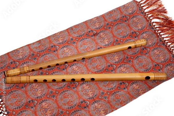 Obraz 日本の楽器、和楽器イメージ素材、竹製の横笛