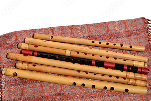 Obraz 日本の楽器、和楽器イメージ素材、竹製の横笛