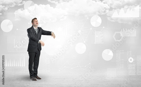 Fototapeta Workaholic businessman dreaming about his work, report, graphs and charts
