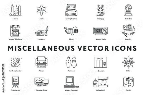 Fototapeta Set of 20 Miscellaneous Minimal Flat Line Icons. Science, Atom, Pedagogy, Vintage Telephone and Radio, Literature, Blimp, Learning, Printer, Restroom, Elevator, Helm, Presentation, Puzzle